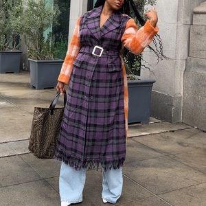Mixed Plaid Blanket Fringe Wool Coat